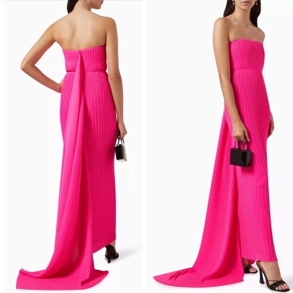 Solace London Harlee Strapless Pleated Chiffon Train Hot Pink Maxi Dress Size 4 - Picture 4 of 12